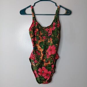 VTG 80's Athena One-Piece Swimsuit 8 Multicolor Tropical Open Back Bathing Suit
